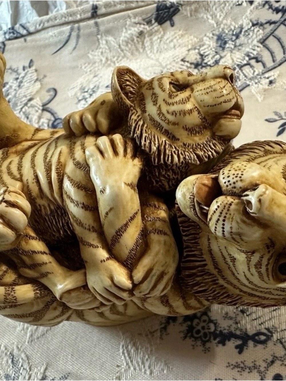 Handcrafted Ceramic Tiger Cubs Sculpture - Cream Brown Finish Trinket Box
